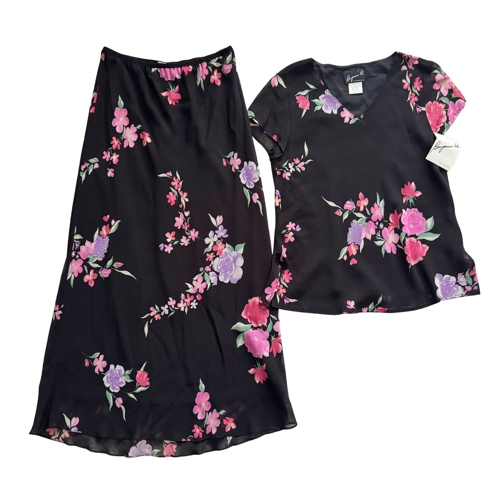 Vintage Y2K‎ Benjamin A Floral Skirt Top Set Black Size 8 10 12 Maxi 90s NWT